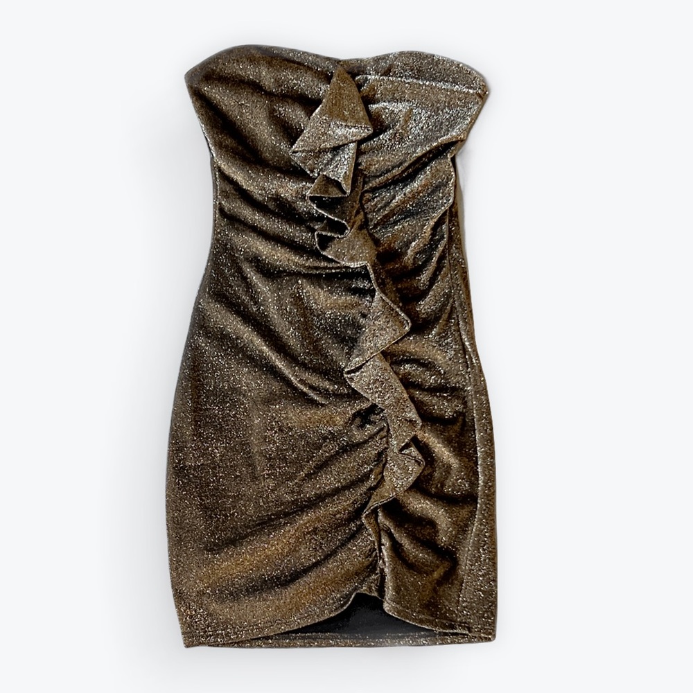 Likely Strapless Shimmering Gold Black Dress